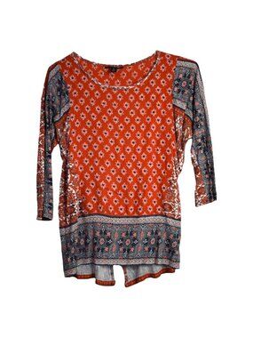 Lucky Brand Blouse S Womens Printed Round Neck 3/4 Sleeve Multicolor